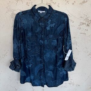 NWT Chicos Denim Fringe Shirt Top